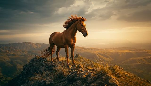 Majestic Chestnut Horse on Mountainous Cliff at Sunset