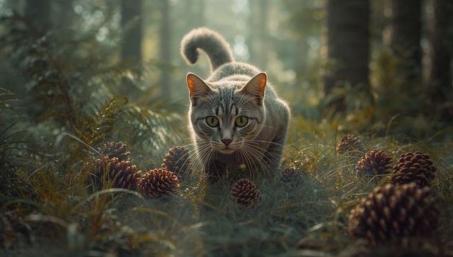 Crouching Tabby Cat Stalking Through Sunlit Forest Floor