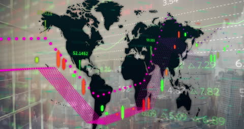 Global Financial Data Analysis Overlaying World Map and Cityscape