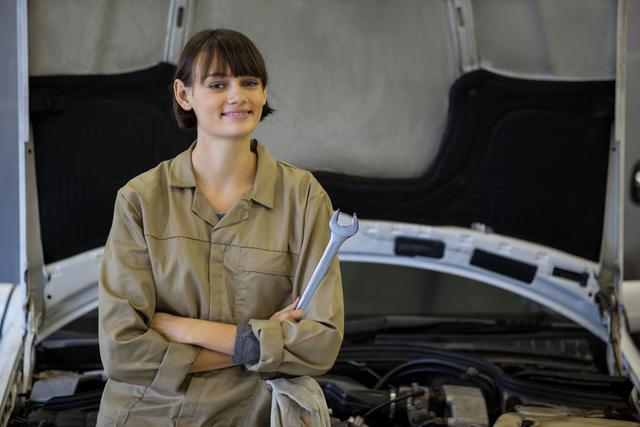 Confident Female Mechanic Holding Spanner in Auto Repair Garage - Download Free Stock Images Pikwizard.com