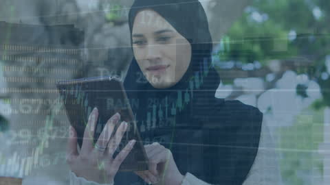 Hijabi Businesswoman Analyzing Financial Data on Tablet