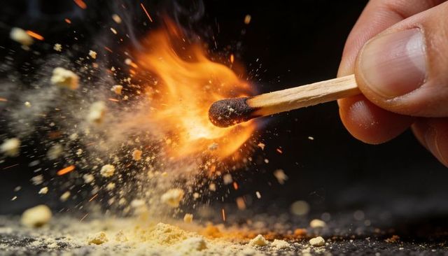 Close-up striking match igniting burst of sparks and ember explosion scattering dust