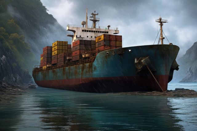 Cargo boat loaded with cargo boxes sailing at sea, created using generative ai technology. Ships, cargo and sea transport concept digitally generated image.