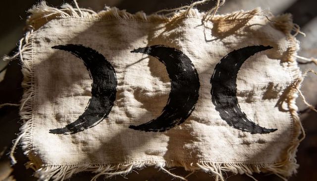 Handpainted triple crescent moon banner on frayed linen cloth with brushstroke texture