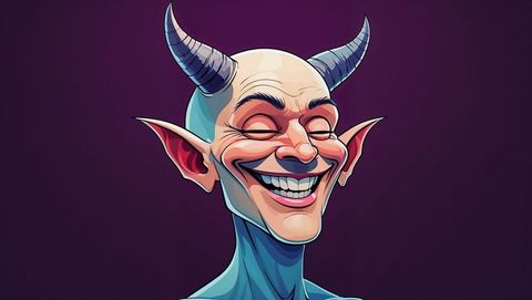 Blue-skinned grinning satan with horns fantasy illustration