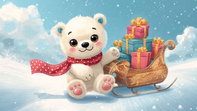 Sitting fluffy polar bear cub wearing red polka-dot scarf next to gift-filled sleigh