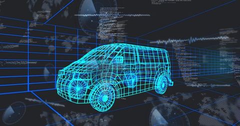 Cyan Wireframe Van Rotating on Grid with HUD Data Stream for CAD Simulation Visualization