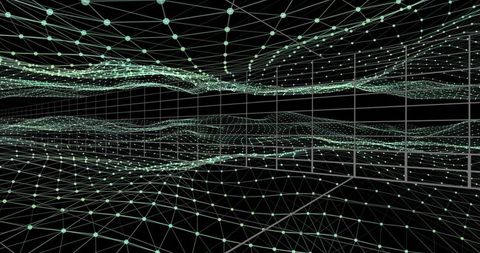 Wireframe mesh network with glowing nodes in virtual space