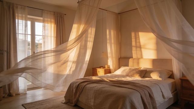 Sunlight streaming through french doors, sheer canopy curtains billowing over linen bed