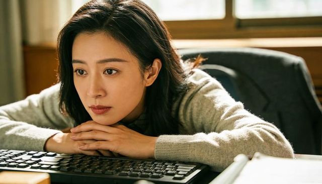 Leaning woman resting chin on folded hands at keyboard, contemplative remote work moment