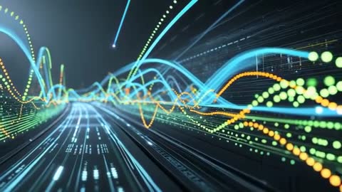 Pulsating Blue Light Ribbons in a Futuristic Data Landscape