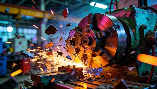 High-speed lathe producing bright sparks while turning steel workpiece in machine shop