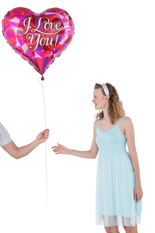 Woman delighted by gift of heart-shaped love balloon on transparent background