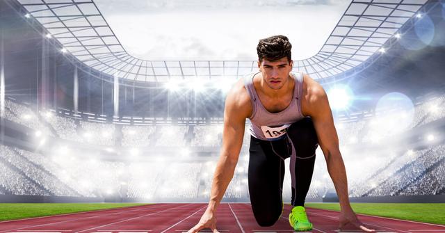 Depicts a focused male athlete in a stadium, ready to sprint from the starting line. His determined expression showcases athletic spirit and ambition. Suitable for use in sports advertisements, fitness promotions, motivational posters, and event marketing materials.