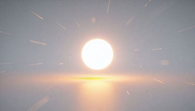 Glowing orb casting warm halo and soft reflections over minimal horizon