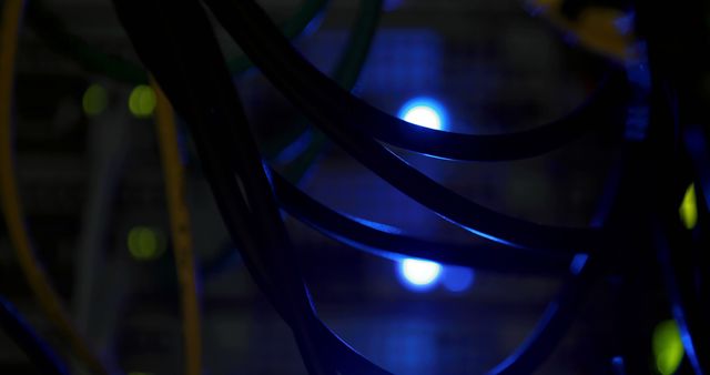 Close-up view of intertwined ethernet cables with a blue LED light in the background, highlighting the technological environment. Ideal for use in articles or presentations on data centers, network connections, IT infrastructure, or the importance of communication technology.