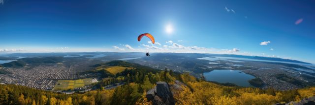 Paraglider soars high above a vibrant autumn landscape with clear blue sky and expansive view of mountains and valleys. Ideal for use in travel promotions, adventure sport advertising, and autumn-themed scenic displays.