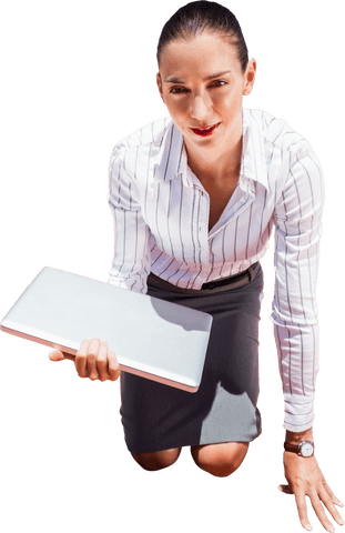 Businesswoman Holding Laptop on Transparent Background