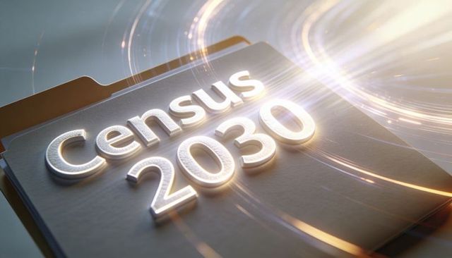 Census 2030 glowing 3d lettering on folder with gold light trails and futuristic data