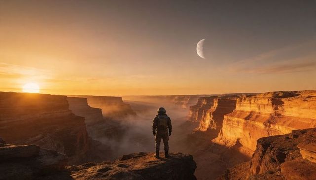 Astronaut surveying vast red canyon at golden sunset with crescent moon overhead