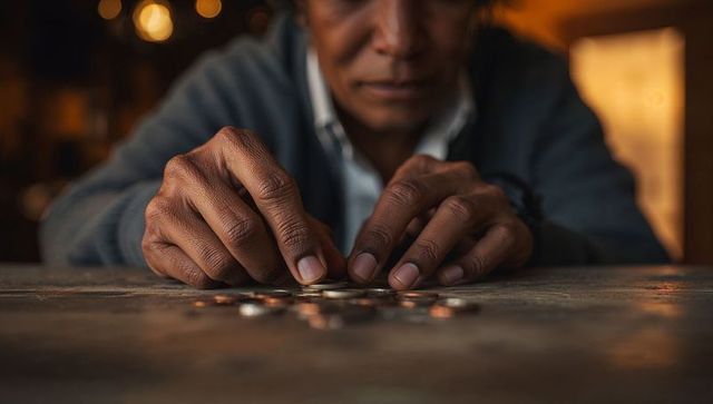 Senior man counting coins on worn wooden table in warm low light — saving money concept