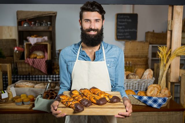 Bearded male baker holding a wooden board with freshly baked pastries in a rustic market setting. Ideal for use in advertisements for bakeries, food markets, or artisan food products. Perfect for illustrating concepts of fresh, homemade, and artisanal food.