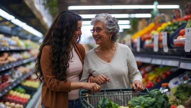 Daughter assisting elderly mother selecting fresh produce while pushing shopping cart