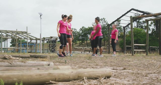 Women wearing pink shirts participating in a group fitness bootcamp involving an obstacle course. They are working as a team, demonstrating physical fitness, strength, and a healthy lifestyle. This image can be used for promoting fitness programs, team-building activities, and health and wellness campaigns.