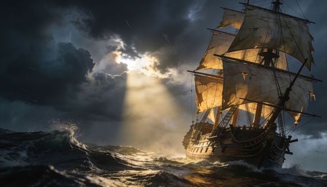 Square-rigged ship slicing through storm with sunbeam piercing torn sails