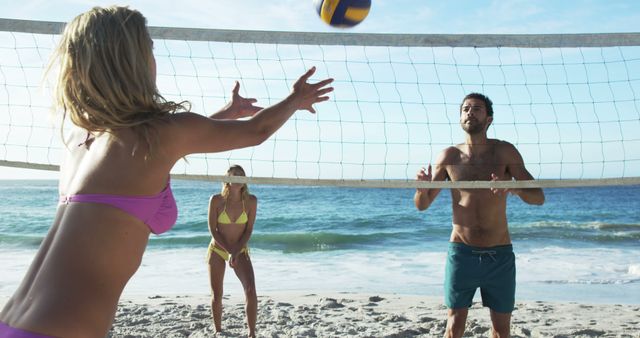 Friends Playing Beach Volleyball at the Seaside - Download Free Stock Images Pikwizard.com