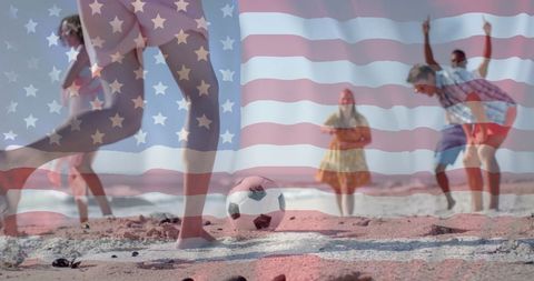 American Flag Overlaying Beach Soccer with Diverse Friends Celebrating