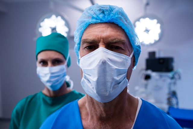 Surgeons wearing masks in an operating room, highlighting the importance of protective gear and sterile environment in healthcare. Ideal for use in medical articles, healthcare promotions, hospital websites, and educational materials on surgery and medical procedures.