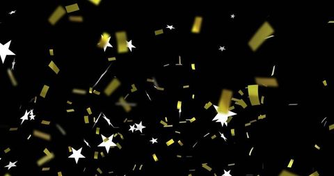 Drifting gold confetti and white star cutouts against black backdrop with metallic shimmer