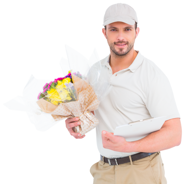 Transparent Flower Delivery Man Holding Clipboard and Flower Bouquet - Download Free Stock Videos Pikwizard.com