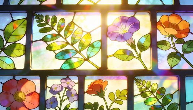 Sunlit floral stained glass panel with vibrant botanical motifs and rainbow caustics