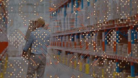 Warehouse Worker with Digital Network Overlay Visualizing Technological Integration