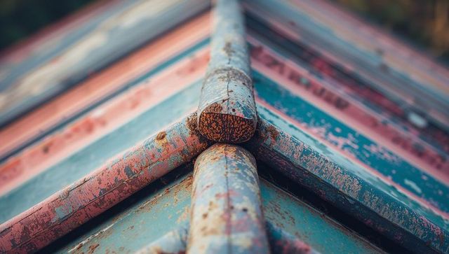 This detailed depiction of a metal roof intersection showcases rust patterns and vibrant peeling paint, lending an industrial and vintage charm. The composition focuses on texture and color, evoking a sense of age and resilience. Ideal for use in architectural presentations, design projects, and creative content emphasizing industrial aesthetics and historical architecture.