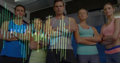 Fitness team standing arms crossed in gym with data overlay tracking performance metrics