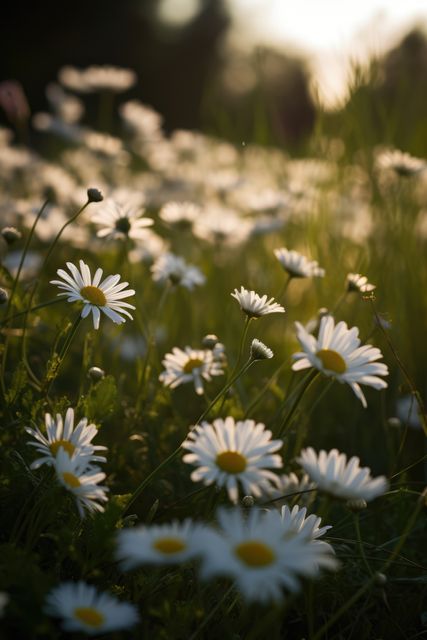 This image showcases a field of daisies blooming beautifully, bathed in the soft, warm light of the golden hour. It could be used in projects related to nature, gardening, seasonal changes, and outdoor activities. Perfect for blogs, social media posts, calendars, greeting cards, and environmental awareness campaigns.