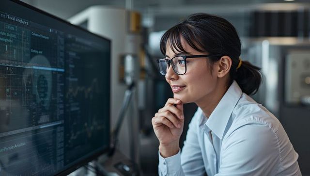 Analyzing data dashboards in high-tech lab, woman analyst viewing monitors and charts