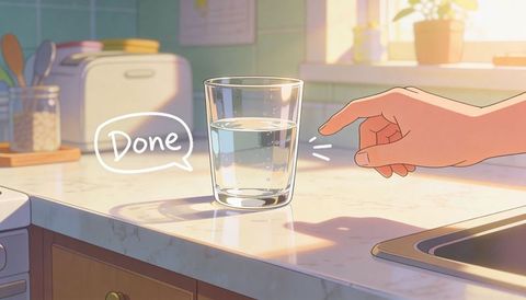 Reaching hand tapping glass of water on sunlit kitchen counter with done bubble