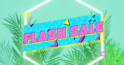 Memphis retro flash sale banner featuring neon hexagon and tropical palm fronds