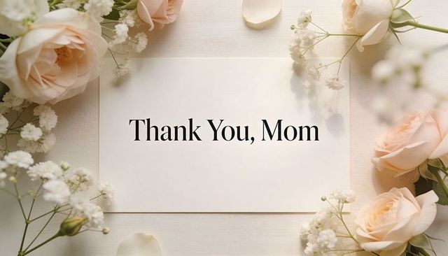 Thank you mom card flatlay with pale blush roses and babys breath for mothers day