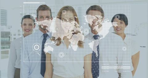 Multinational team standing behind digital world map hud showing global business network