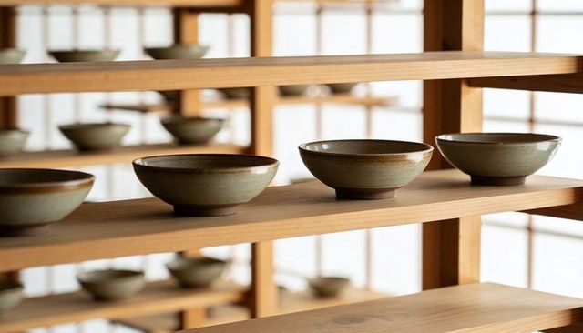 Displaying minimalist ceramic bowls on tiered wood shelving under shoji light