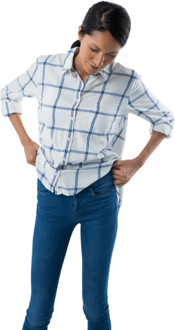 Woman clutching lower back in transparent background