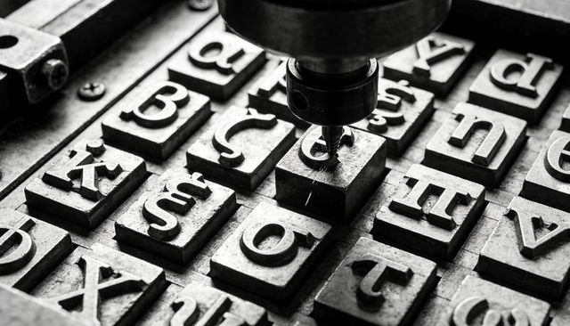 Milling vintage metal letterpress type blocks with rotating drill, monochrome close-up