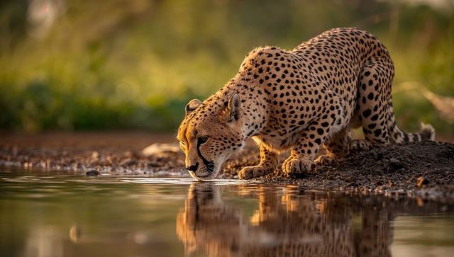 Cheetah drinking in golden light near waterhole reflection