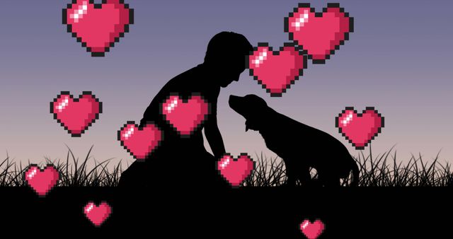 Silhouette of a person and dog at twilight in an outdoor setting, surrounded by pixelated hearts. Ideal for themes of friendship, affection, digital art, and social media campaigns focused on pets or human-animal bond. Can be used for greeting cards, posters, advertisements promoting pet adoption and fostering love and companionship.