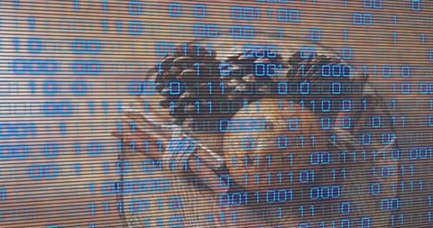 Perching parrot pair displaying warm brown plumage with binary overlay and scanline glitch